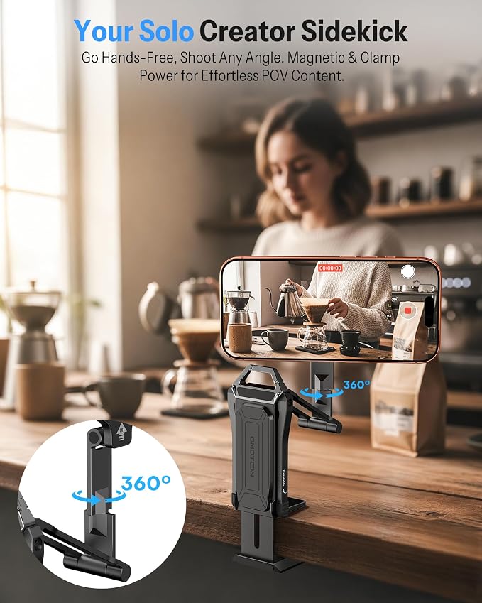 OMOTON TP02-Pro-BK, Basic Vlogging Kit: Dual-Sided Magnetic Phone Mount with 2 Bluetooth Remotes | Arca-type Base with a 1/4" Screw Hole, Selfie Stick with Rear Attachment Ring, for iPhone 12-17 Series, Gym Kitchen Travel - Image 6