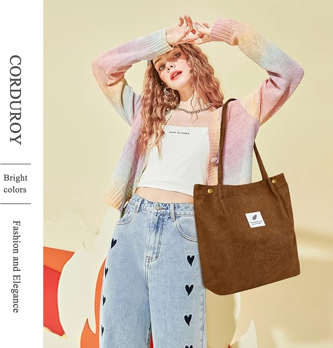 LHMTQVK Corduroy Tote Bags for Women, Large Capacity Tote Purse Reusable Grocery Shoulder Bag with Inner Pockets - Image 7