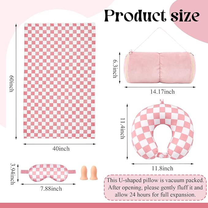 HunnmingRe 5 Pcs Travel Pillow and Blanket Set, 5 in 1 Travel Airplane Compact Includes 40 x 60 Inch Throw Blanket Eye Mask Neck Pillow Earplug and Bag Gifts for Travelers Women(Checkered,Pink) - Image 2