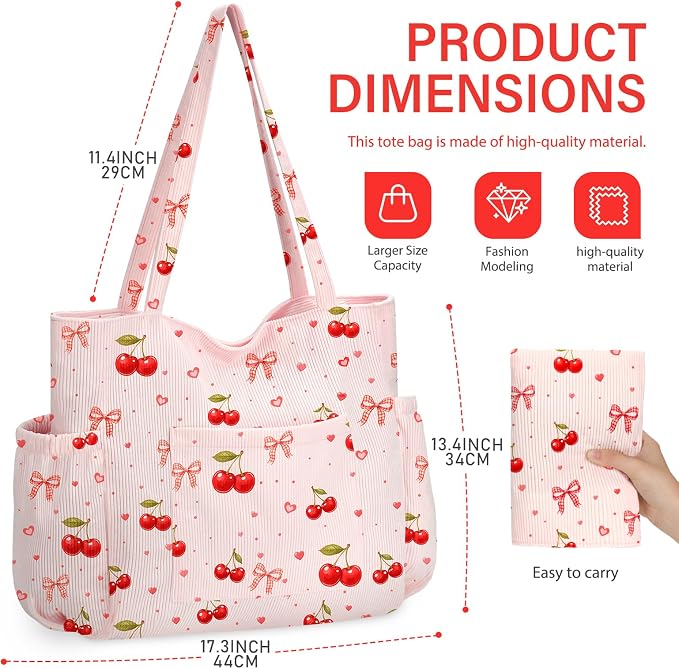 Corduroy Tote Bag for Women,Large Capacity Cute Tote Bags With 6 Pockets,Crossbody Shoulder Handbag for Work Travel Gym - Image 8