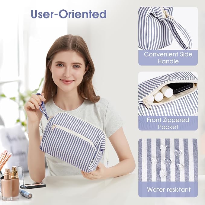 Narwey Striped Wide Open Makeup Bag Women, Travel Toiletry Bag for Women Cosmetic Bag Organizer Make up Bags with Compartments, Gift for Teen Girls (Greyish Blue Stripe) - Image 4