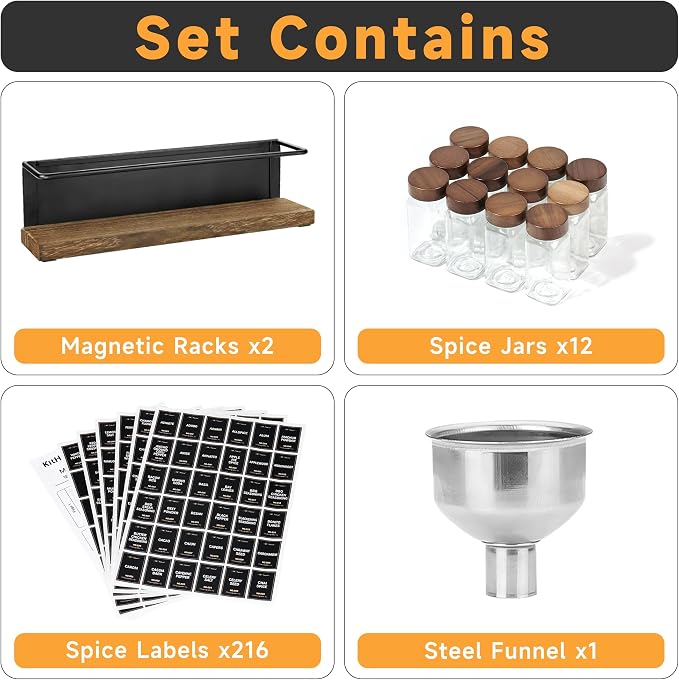 Wooden Lid Magnetic Spice Rack with 12 Jars, 216 Labels, 1 Steel Funnel for Refrigerator，Microwave Oven - Full Set of Spice Organizer - Image 2