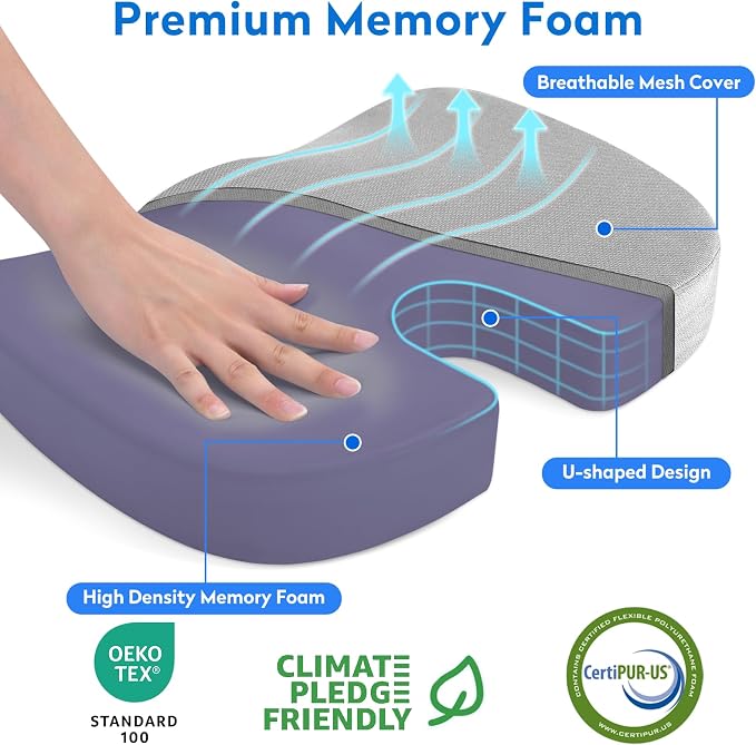 CushZone XXL Memory Foam Seat Cushion for Office & Car, Light Gray | U-shaped Coccyx Cutout, Contoured Design, Breathable Removable Mesh Cover, Non-Slip Base, Carry Handle - Image 2