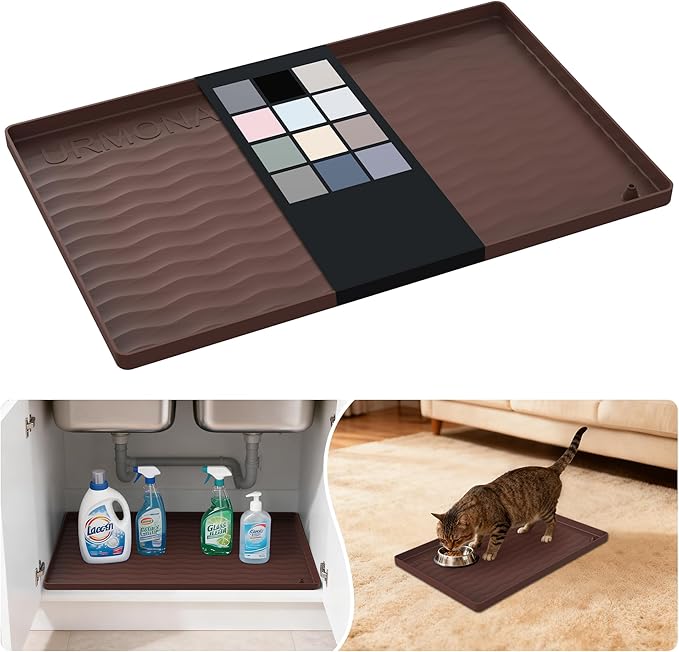 URMONA Waterproof Silicone Under Sink Mat 19'' x 12'' Shelf Liner for Kitchen and Bathroom, Cabinet and Counter Protector, Storage and Organizers, Litter Mat, Pet Cat Puppy Essentials(Brown) by URMONA