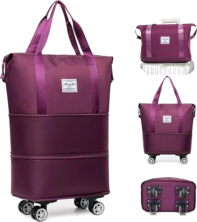 Expandable Foldable Duffel Bag with Detachable Rolling Wheels, Large Carry-On Luggage for Travel, Gym, Camping, Shopping, Business Trip (Purple) by Unknown