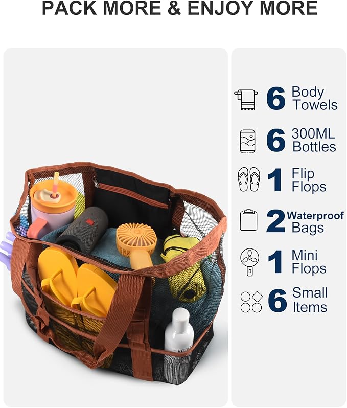 Genteen 40L Mesh Beach Bag, Foldable Sandproof Tote with Waterproof Pocket Quick Dry for Women Family Pool Vacation - Image 5