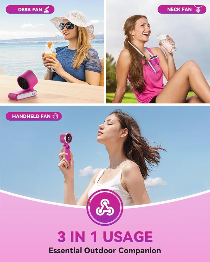 PlayHot Portable Handheld Turbo Fan, Travel Essentials, Gifts for Women/Men | 5-Speed, Up to 12H, 10m/s Airflow, USB-C Rechargeable, LED Display, 3-in-1 Foldable Personal Fan for Cruise, Beach, Vacation - Image 3
