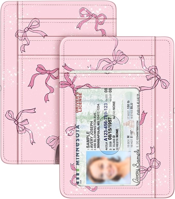 FINTIE Slim Front Pocket Wallet, RFID Blocking Credit Card Holder | Minimalist Card Cases with ID Window for Men Women, pink bow by Fintie