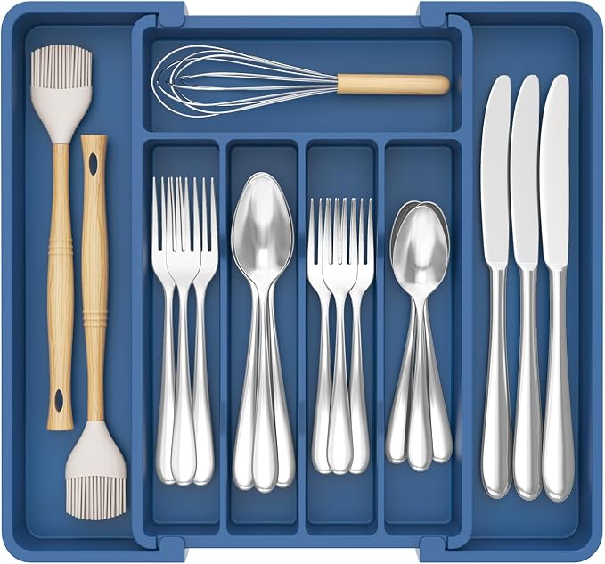 Lifewit Expandable Silverware Drawer Organizer, Kitchen Utensil Tray | BPA-free Plastic Flatware Cutlery Holder, Space-Saving Storage for Spoons Forks Knives, 8.5-14 x 12 x 1.5“, Dark Blue by Lifewit