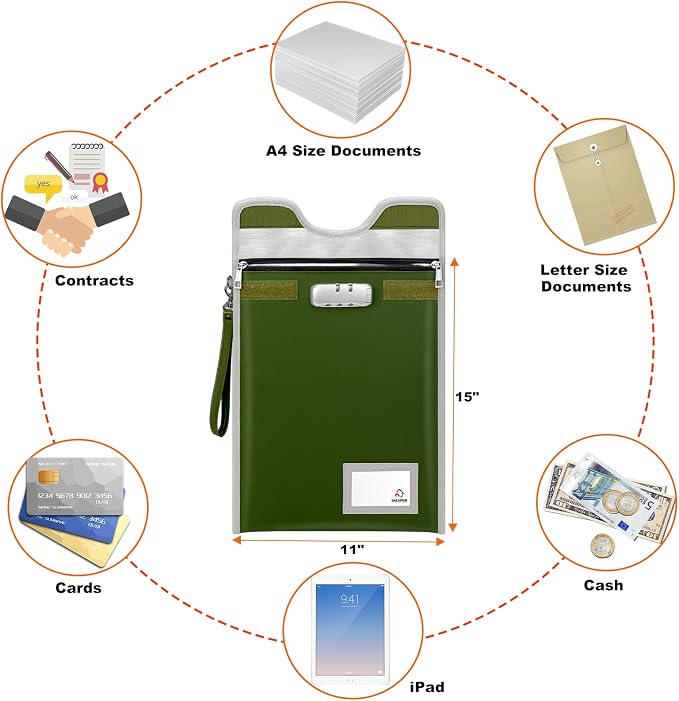 Document Safe Bag with Lock (5200℉), 15”x 11”Travel Document Holder, Fireproof Zipper Pouch for A4/A5/Legal/Letter Size Document, Tablet, Valuables, Money and Passport(Olive Drab) - Image 6