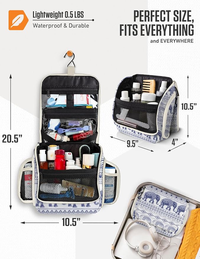 VENTURE 4TH Hanging Travel Toiletry Bag, 17 Compartments - Blue Elephant | Hangs on rails, hooks or doors; stands upright too. Removable TSA pouch. Water-resistant 900D Nylon, reinforced stitching. - Image 2