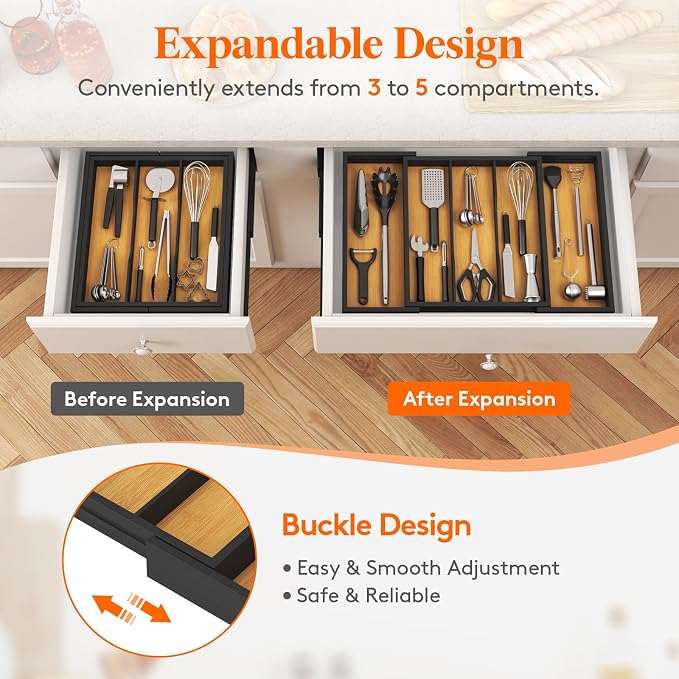 Lifewit Bamboo Utensil Organizer for Kitchen Drawer, Cooking Utensil Tray | Expandable Cutlery Silverware Flatware Holder, Wood Adjustable Spatula Tools Storage Divider, 12.6-22.4x 15", Natural Black - Image 5