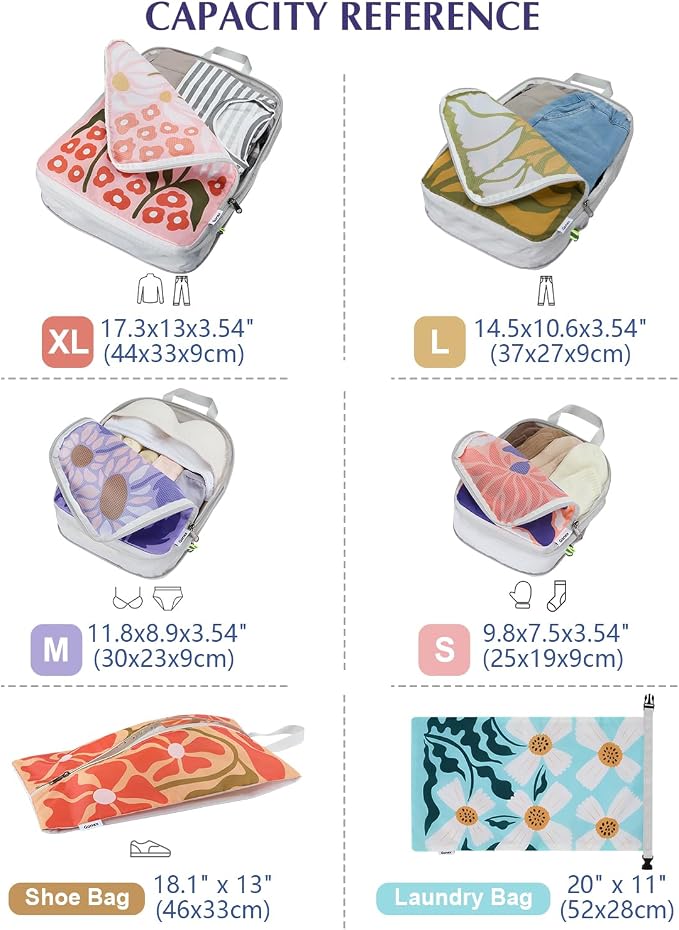 Gonex 6-Piece Compression Packing Cubes with Shoe & Laundry Bags | Floral Pattern, Ripstop Fabric, Double-Zip Compression, Carry-On Friendly, Lightweight - Image 6