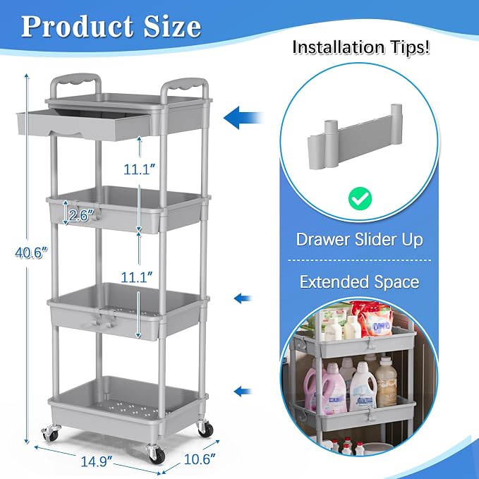SUNALLY 4 Tier Rolling Cart with Drawer, Craft Storage Cart Organizer, Gray | Bathroom Storage Organizer with 2 Lockable Wheels, Rolling Utility Cart for Kitchen, Office, Baby, Makeup, Nail,Snack,Laundry - Image 2