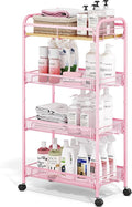 TOOLF 4-Tier Rolling Cart, Metal Utility Cart, Slide Out Storage Cart with Wooden Tabletop and Mesh Baskets, Easy Assemble Trolley for Kitchen Bathroom Laundry Room Bedroom Apartments Dormitory by TOOLF