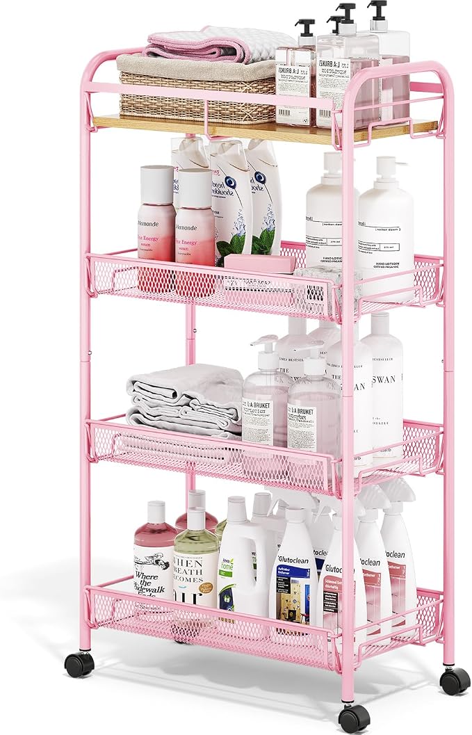 TOOLF 4-Tier Rolling Cart, Metal Utility Cart, Slide Out Storage Cart with Wooden Tabletop and Mesh Baskets, Easy Assemble Trolley for Kitchen Bathroom Laundry Room Bedroom Apartments Dormitory by TOOLF