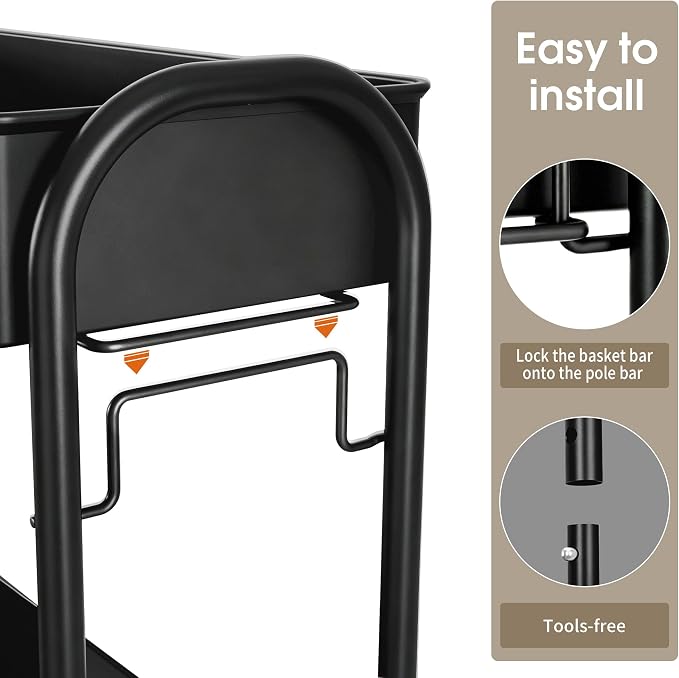 Slim Rolling Cart, Metal Frame Utility Rolling 3-Tier Narrow Storage Cart | Kitchen Storage Organizer, Mobile Shelving Unit for Bathroom Kitchen - Image 6