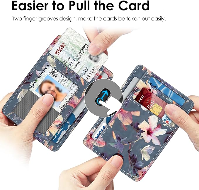 FINTIE Slim Front Pocket Wallet, RFID Blocking Credit Card Holder | Minimalist Card Cases with ID Window for Men Women, blooming hibiscus - Image 3