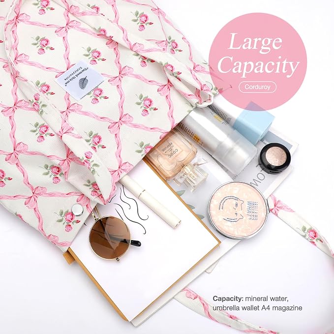 LHMTQVK Corduroy Tote Bags for Women, Large Capacity Tote Purse Reusable Grocery Shoulder Bag with Inner Pockets - Image 3