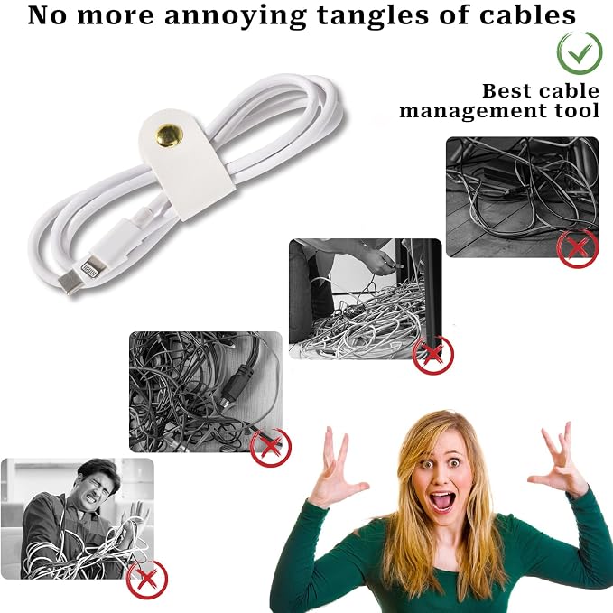 6Pcs Leather Cable Organizer - Reusable Straps, Ties for Phone Charging, Power Cords, Headphones - PU Leather USB Multipurpose Cord Holder With Snap Closure - Image 3