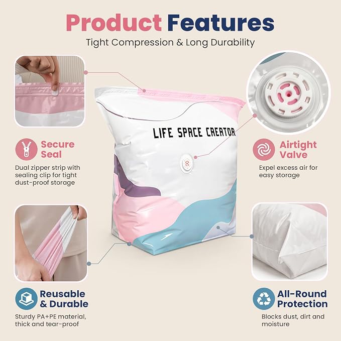 3PC No Pump Vacuum Storage Bags, No Pump Large Vacuum Storage Compression Bags, Thick Airtight Reusable Organizer for Clothes Comforters Travel Moving Closet Storage (M) - Image 3