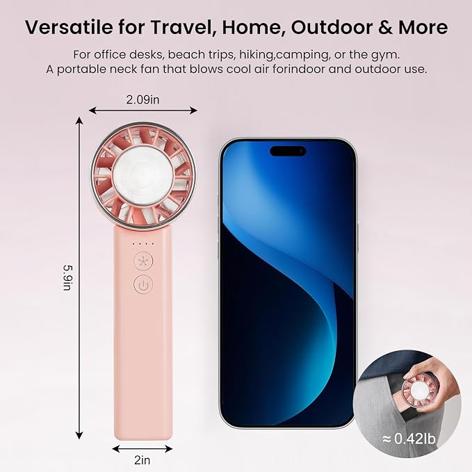 Hand Held Fan - 4 Speeds Adjustable 4800mAh,Foldable,Lightweight Neck-Worn Design,Beach Vacation Essentials,Portable Fan for Travel,Cooling for Camping Outdoor and Indoor - Pink - Image 6