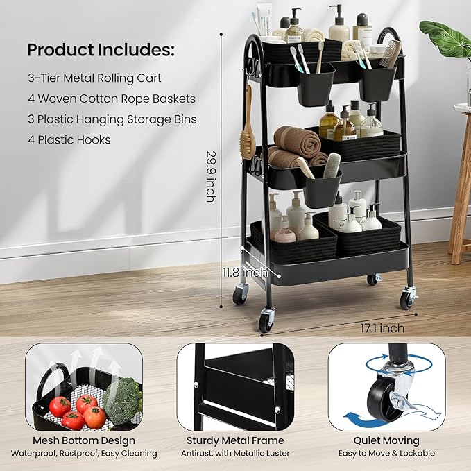 3-Tier Rolling Utility Cart with 4 Woven Baskets, Diaper Book Snack Cart, Storage Organizer for Nursery, Kitchen, Craft Room, Home SPA, Living Room, Metal Frame Trolley on Lockable Wheels, Black - Image 2