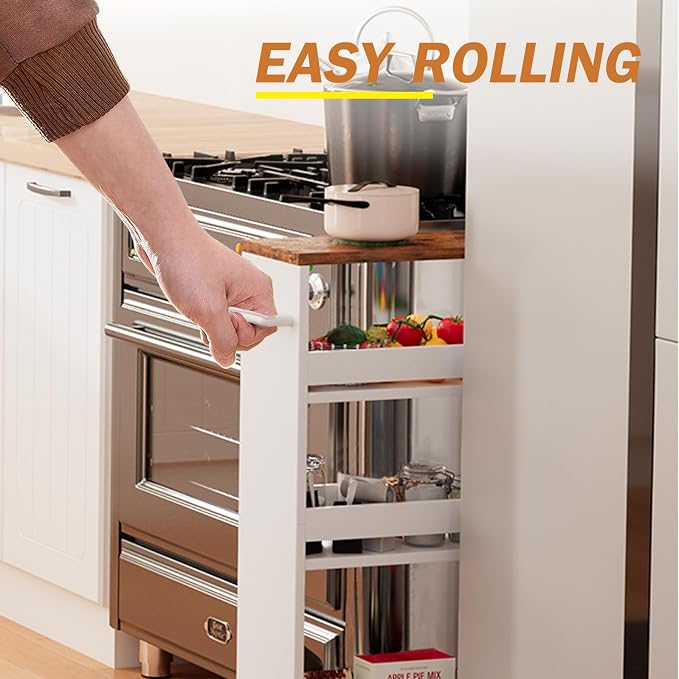 TEAMIX Slim Rolling Storage Cart, Wood 4-Tier Narrow Kitchen/Laundry Cart | 5.5"W Thin Cabinet with Wheels and Handle, Use as Spice Rack Next to Fridge, Laundry Room Organization Between Washer & Dryer - Image 3
