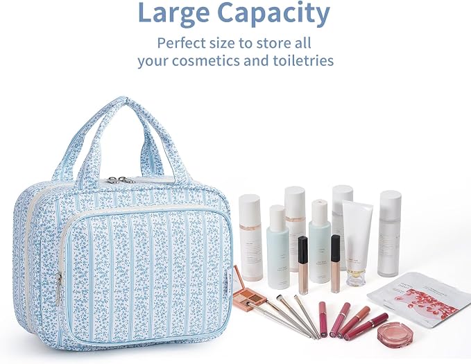 Narwey Hanging Toiletry Bag for Women Travel Makeup Bag Organizer Toiletries Bag for Travel Size Essentials Accessories Cosmetics (Blue Flower Buds (Medium)) - Image 7