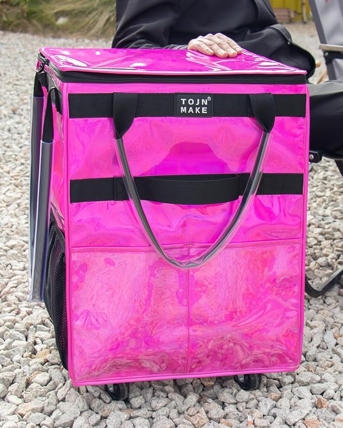Reusable Grocery Bag On Wheels (Medium, Glitter Pink), Shopping Trolley, Rolling Tote with 8 Pockets and Zipper Cover, Foldable, Heavy Duty Handles, Carries Up to 66 LBS - Image 4
