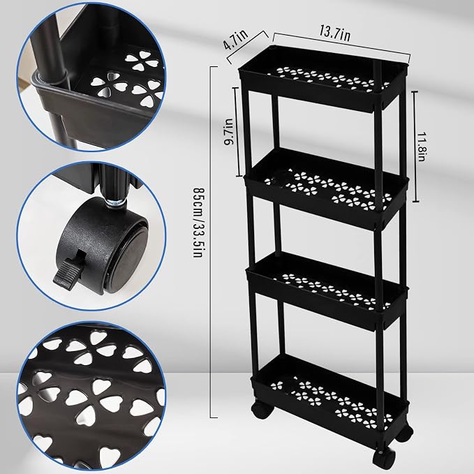 4 Tier Kitchen Bathroom Storage Rolling Cart 39 Inches Tall Slim Utility Rolling Shelf Cart with Wheels Coner Storage Shelves Cart, Black - Image 2