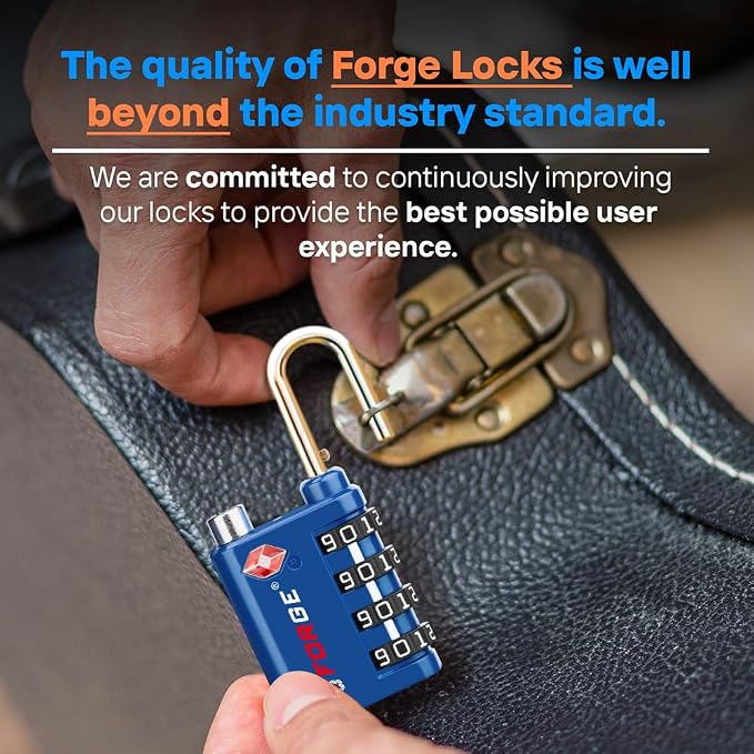 Forge Dual-Opening: Key or Combination Lock, TSA Approved Lock for Luggage, Pelican case, Travel, Gym, School, Luggage Combination Lock, Travel Bag Lock (Blue 4 Pk) - Image 7