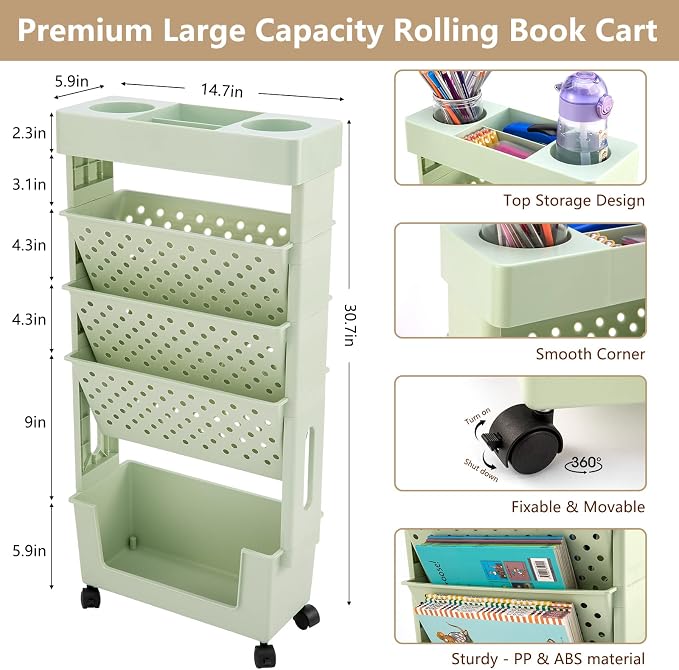 Rolling Office Paper Organizer, Mobile Book Cart Document Folder File Storage with Pen Holder, Slim Rolling Storage Cart Movable Bookshelf for Office, Dorm, Classroom, Nursery, Green - Image 3