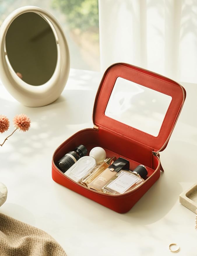 Clear Makeup Bag with Zipper, Set of 2, Mini and Medium, Red | Clear Travel Bags for Toiletries, Structured Cosmetic Case for Women, Waterproof PU Leather, Wide Open Portable Car Organier - Image 7