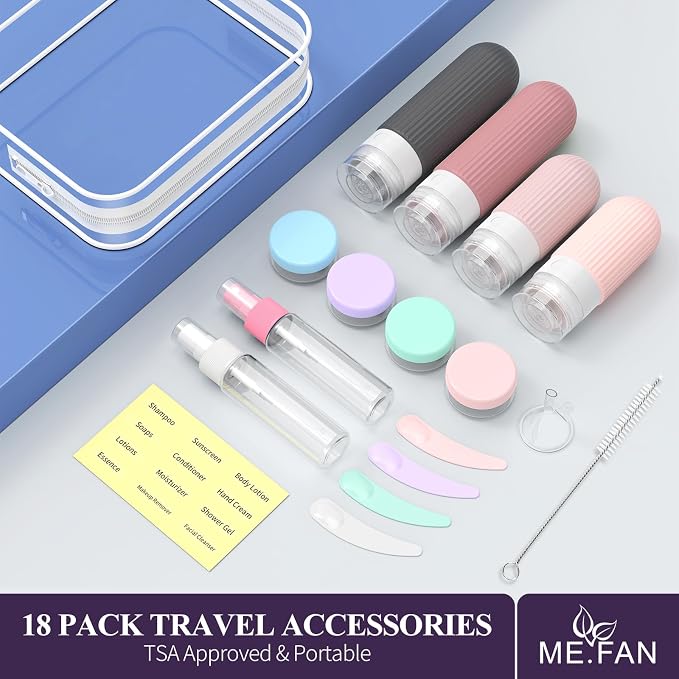 ME.FAN Travel Bottles for Toiletries,18 Pack Silicone Portable Size Bottle, TSA Approved Refillable Cosmetic Container Kits for Conditioner, Shampoo, Lotion,Face Cream - Pink - Image 6
