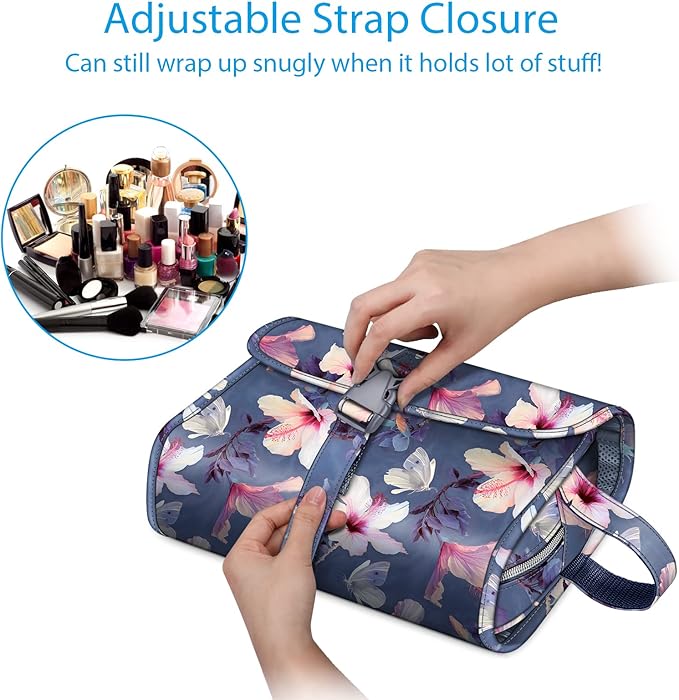 FINTIE Portable Toiletry Cosmetic Travel Bag Hanging Makeup Organizer | Large Water Resistant Storage Pouch Case, For Women Girls, Blooming Hibiscus - Image 3