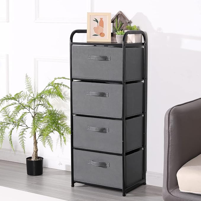 MAX Houser 4 Drawer Fabric Dresser Tall Storage Tower, Dresser Chest with Wood Top, Vertical Nightstand Side Organizer Unit with Metal Frame for Closets Bedroom Nursery Room Hallway(Leaden) | Dresser Chest with Wood Top, Vertical Nightstand Side Organi... - Image 6