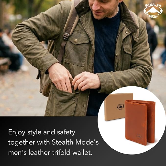 Stealth Mode Trifold Leather Wallet for Men with RFID Blocking (Clay) | Top Grain Napa Leather, 9 Card Slots, ID Window, Gift Box – Gift for Dad, Husband, or Son - Image 6