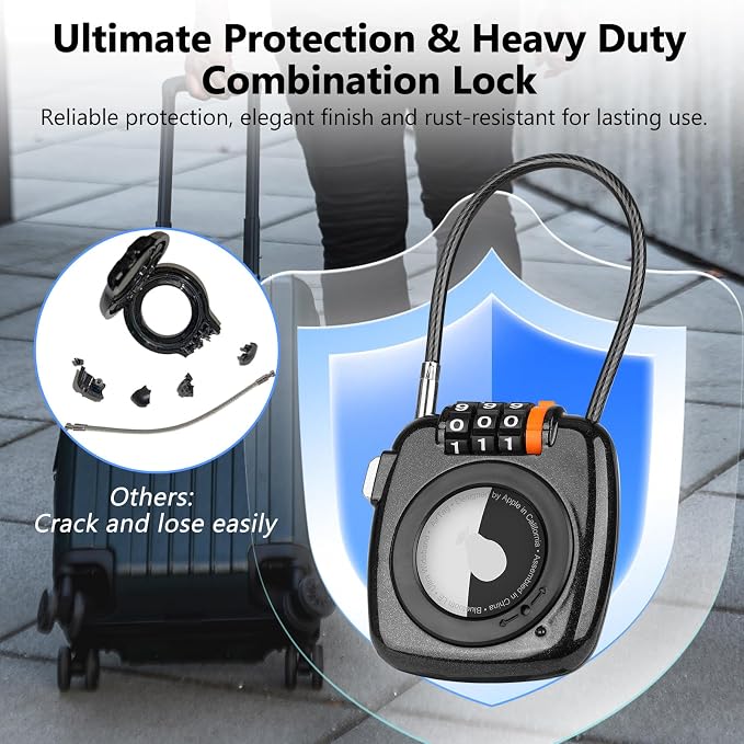 Compatible with Apple AirTag Secure Lock with Wire Cable, 3-Digit Combination Luggage Locks, Alloy Body Ultra Durable Anti-Lost Protective Case for Luggage, Suitcase (Black/White/Green/Grey) - Image 6