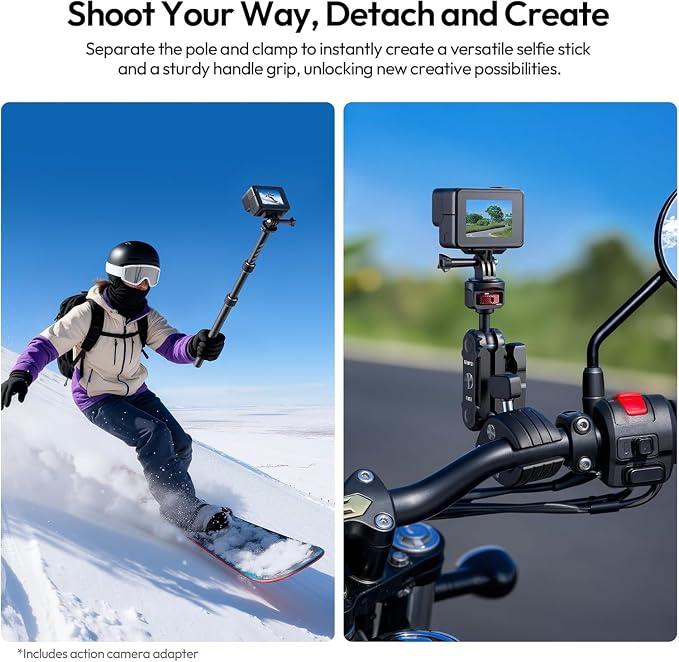 ULANZI VL03 40in Invisible Selfie Stick Motorcycle Bike Mount Kit | for Insta360 X5 X4 X3/DJI Osmo 360, 40in Adjustable, Quick-Release, for GoPro DJI Insta360 Action Cameras Clamp Mount - Image 5
