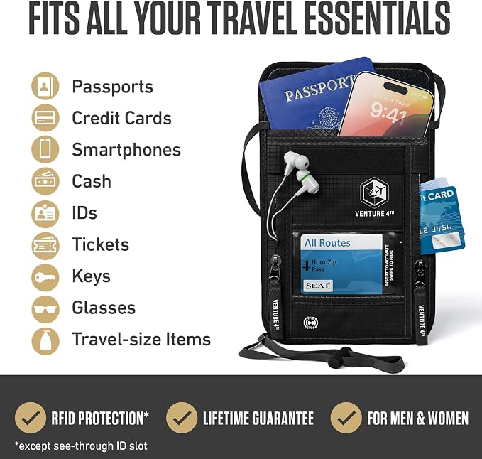 VENTURE 4TH Travel Neck Wallet, RFID Blocking Passport Holder - Pure Black - Image 2
