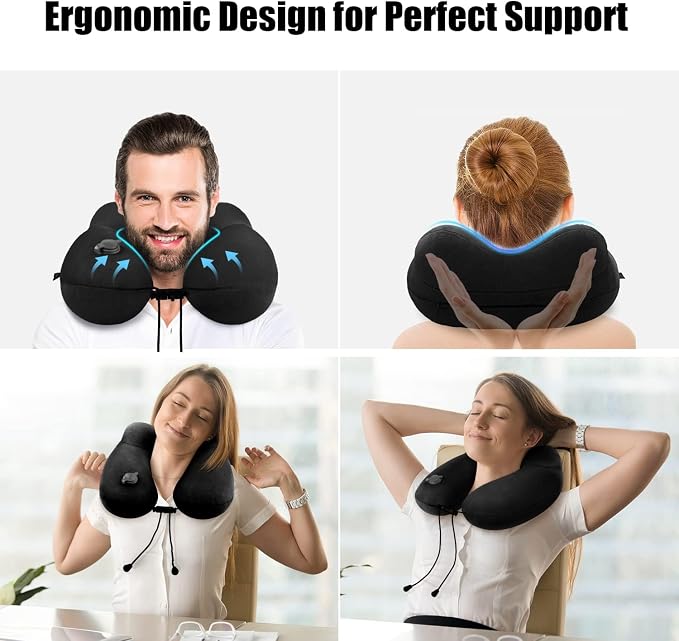 Inflatable Travel Neck Pillow for Airplanes, Super Soft Velvet Neck Support, Adjustable Firmness, Blow Up Plane Pillow for Long Flights, Road Trips, Travel Essentials with Eye Mask, Earplug - Image 2
