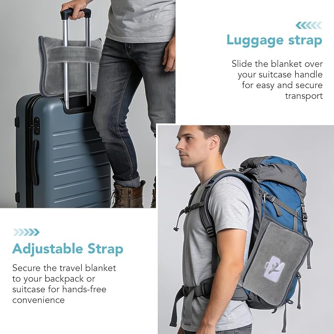 Travel Pillow and Blanket 2-in-1 Airplane Pillow Grey 60x50 Inch | Plane Packable, Airplane Travel Essentials, Soft Warm Lightweight Flannel Blanket Compo, Hand Luggage Sleeve&Backpack Clip - Image 4