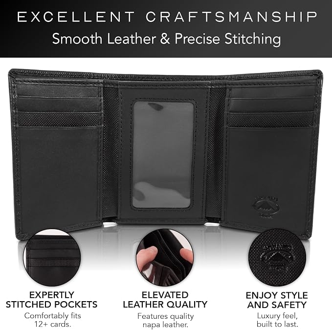 Stealth Mode Trifold Leather Wallet for Men with RFID Blocking | Black Crunch Top Grain Napa Leather, 9 Card Slots, ID Window, Gift Box – Gift for Dad, Husband, or Son - Image 3