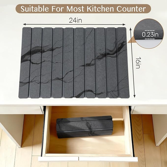 Large Stone Dish Drying Mat for Kitchen Counter, Thin & Light Quick Dry Stone Dishes Mats, Foldable Water Absorbing Diatomite Drying Pad for Kitchen Bathroom Sink Countertop (Gray Ink 24"×16" & 8"x4") - Image 5