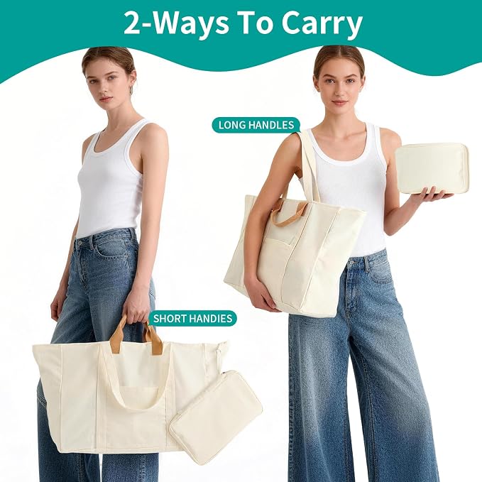 20" 12 Gal Extra Large Canvas Travel Tote Bag with Zipper | Oversized foldable lightweight tote, dual handles, big weekender carry tote for travel, shopping, overnight trip - Image 7