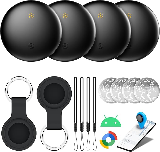 Bluetooth Tracker 4-Pack Smart Tag for Android & Samsung | 3-Year Battery Life, IP66 Waterproof,100db, Item Finder for Keys, Wallet, Luggage. Works with Google Find Hub. by WATSABRO