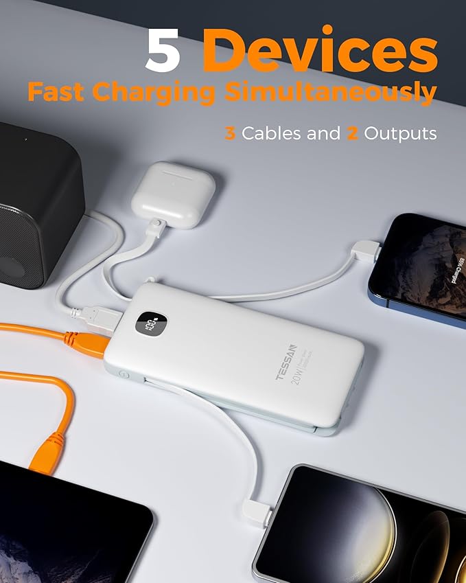 Portable Charger with Built in Cables,TESSAN 10000mAh Power Bank Fast Charging with Foldable Wall Plug Charger, PD20W Compact Battery Pack Travel Essentials for iPhone 17/16/15 Series,Samsung,Tablets | PD20W USB C Fast Charging with Foldable AC Outlets... - Image 2