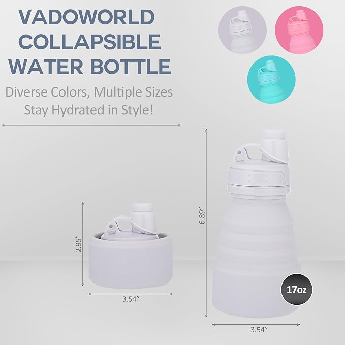 Collapsible Water Bottles 17oz, Odorless BPA-Free Silicone, Leak-Proof Foldable Reusable Bottle - Perfect for Travel Sports Gym Hiking Camping Cycling - Water Gray - Image 2