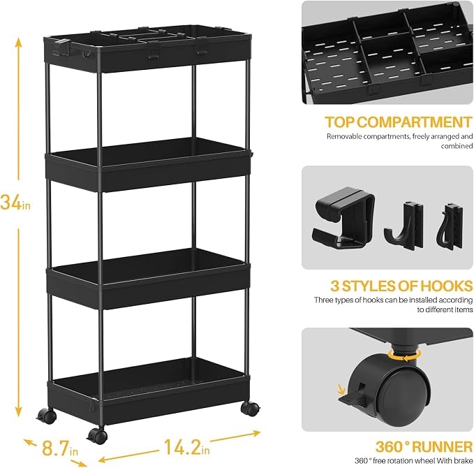 4 Tier Rolling Cart with Wheels, Storage Craft Art Trolley Organizer Serving, 3 Hanging Baskets Easy Assembly, for Office, Living Room, Kitchen - Image 3